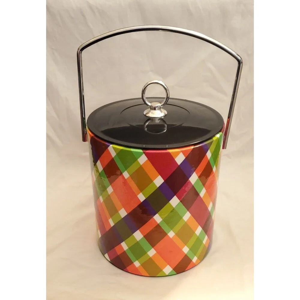 Colorful Plaid Ice Bucket With Lid & Handle Mid Century Style Retro Design Neon